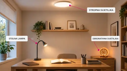 Različiti izvori svjetlosti u jednom prostoru. U većini radnih soba ili kutaka za učenje preporučuje se kombinirati više izvora svjetlosti: